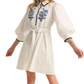 White Embroidered Black Trim Belted Tunic Dress