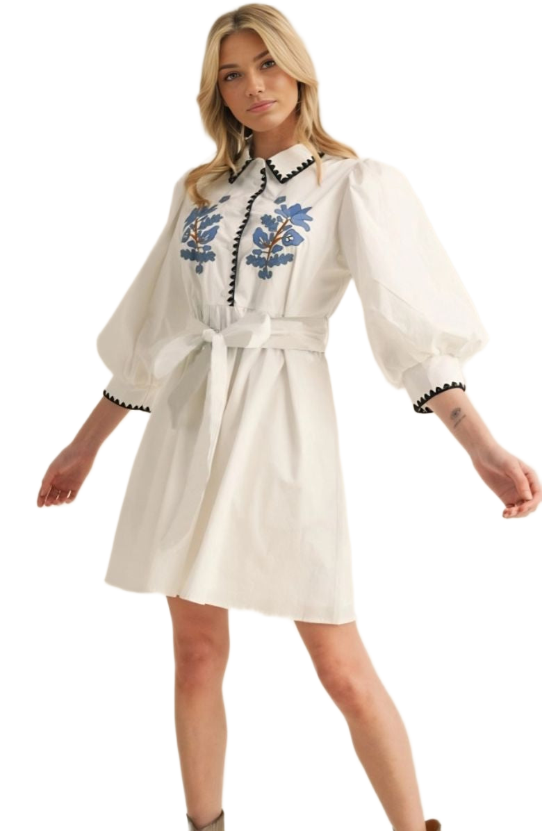 White Embroidered Black Trim Belted Tunic Dress