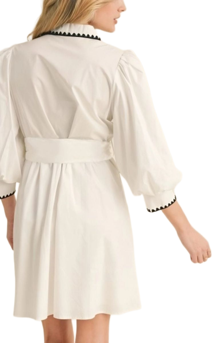 White Embroidered Black Trim Belted Tunic Dress