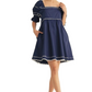 Navy Puff-Sleeve Mini Dress with White Contrast Trim