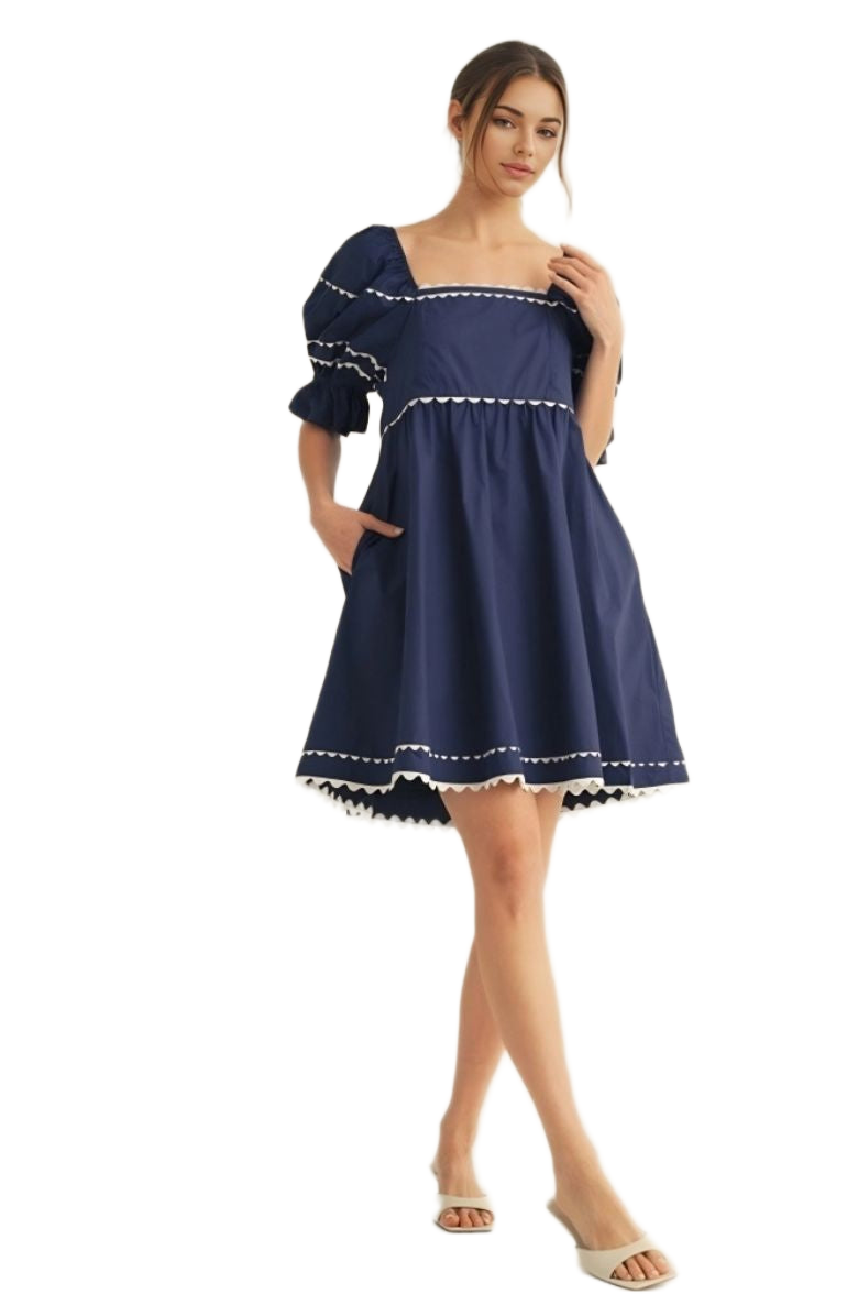 Navy Puff-Sleeve Mini Dress with White Contrast Trim
