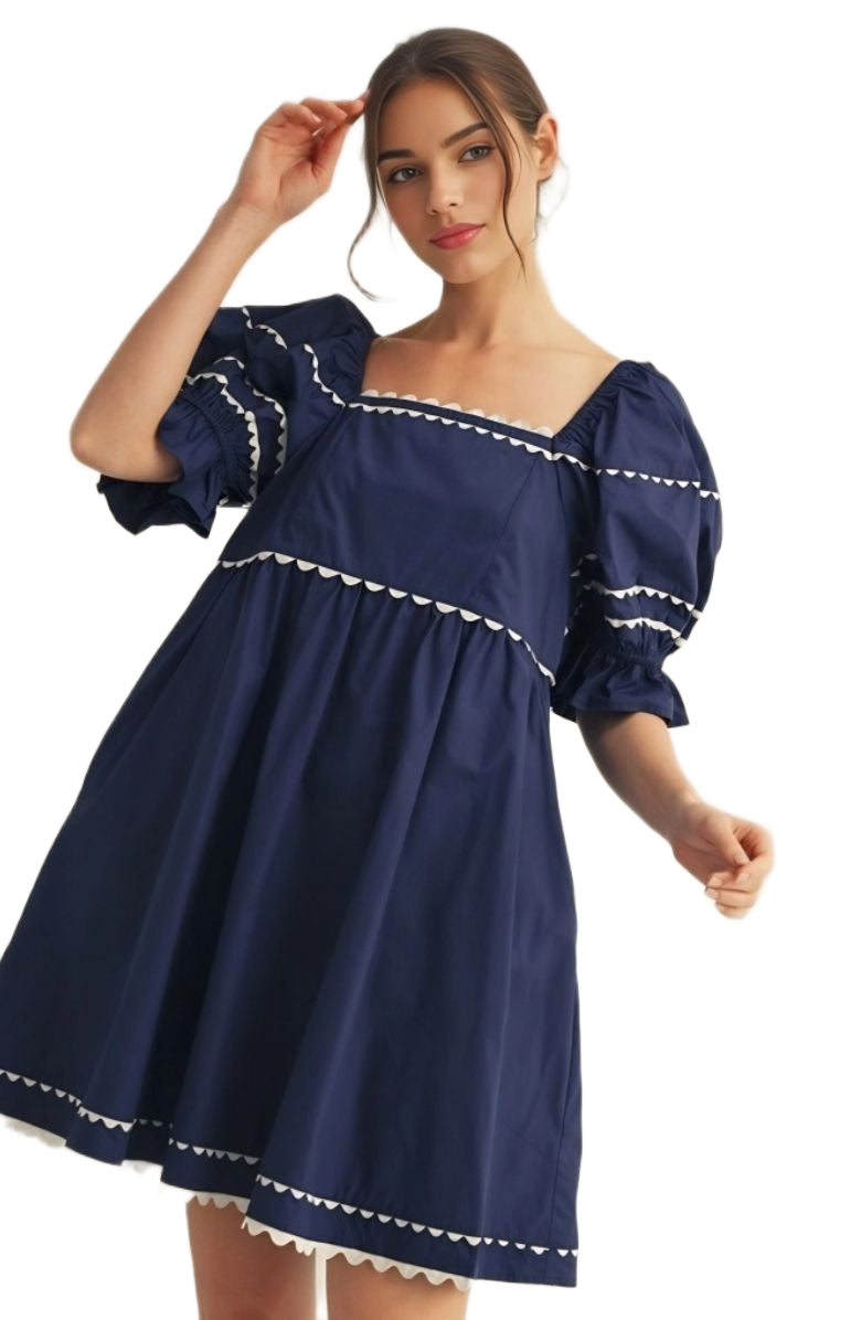 Navy Puff-Sleeve Mini Dress with White Contrast Trim