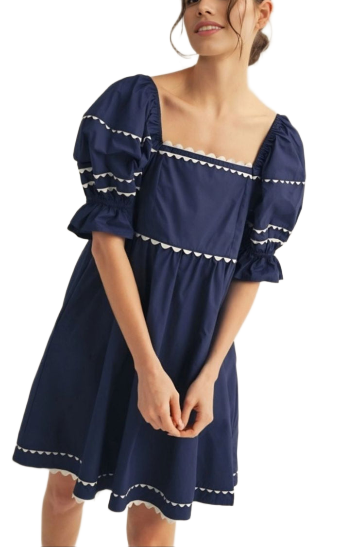 Navy Puff-Sleeve Mini Dress with White Contrast Trim