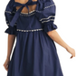 Navy Puff-Sleeve Mini Dress with White Contrast Trim