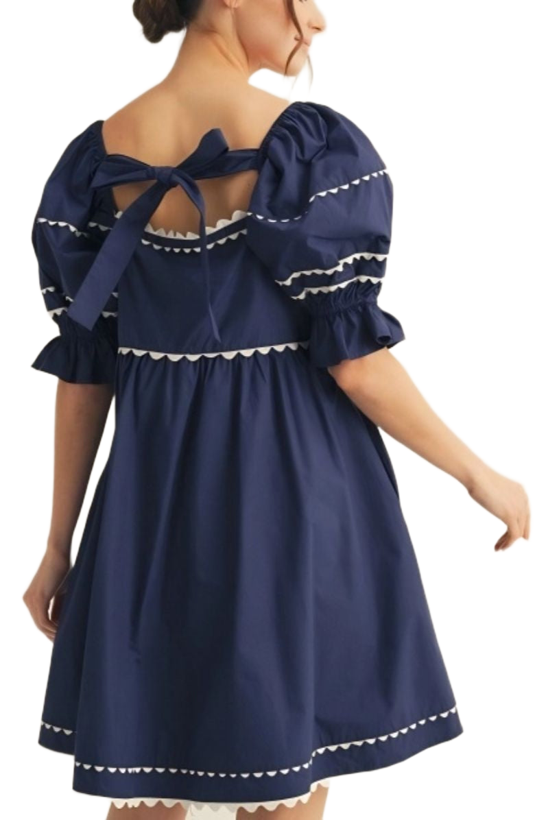 Navy Puff-Sleeve Mini Dress with White Contrast Trim
