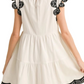 White Tiered Mini Dress with Black Print Scallop Trim