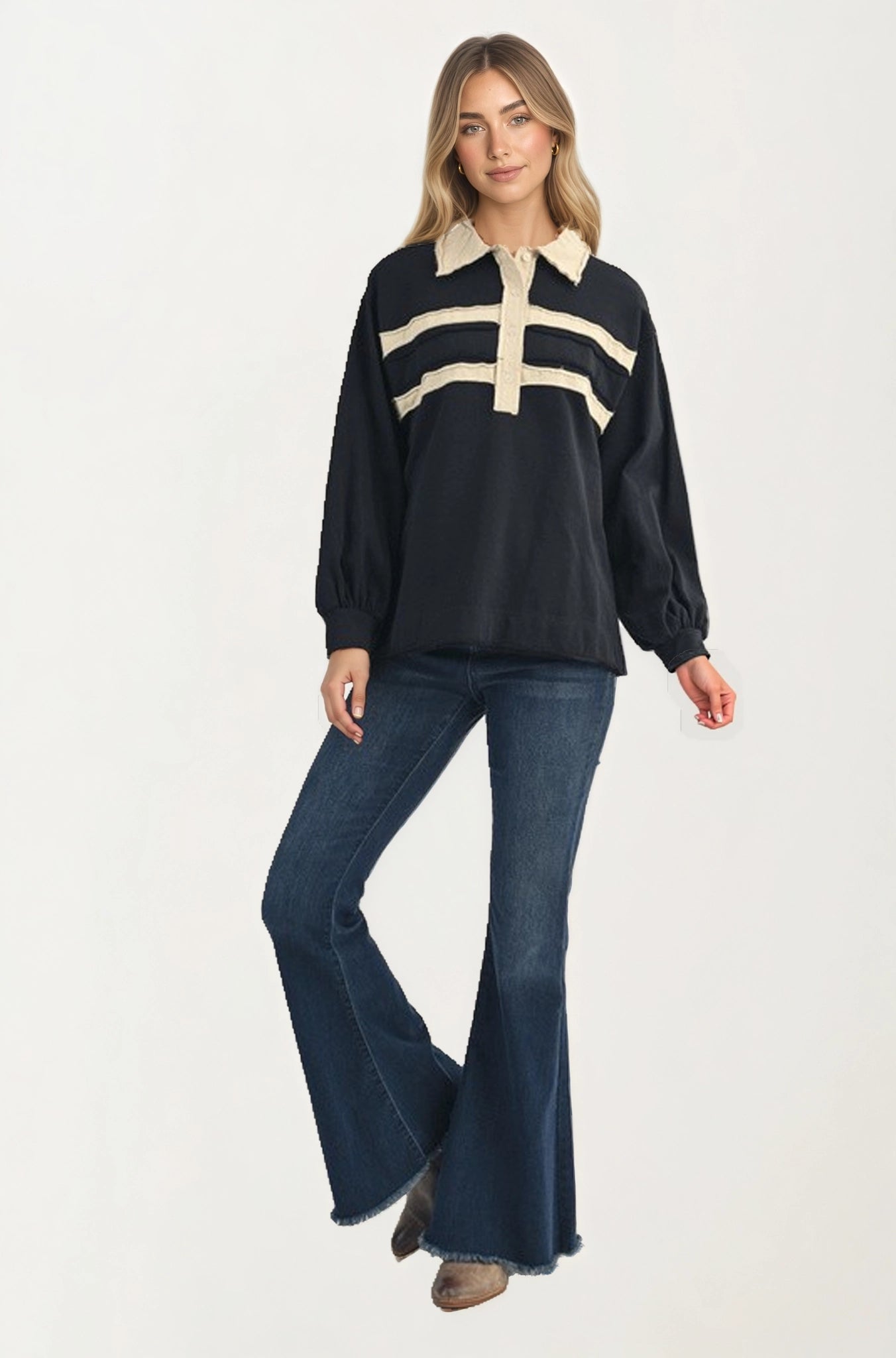 Contrast Trim Collared Pullover Top