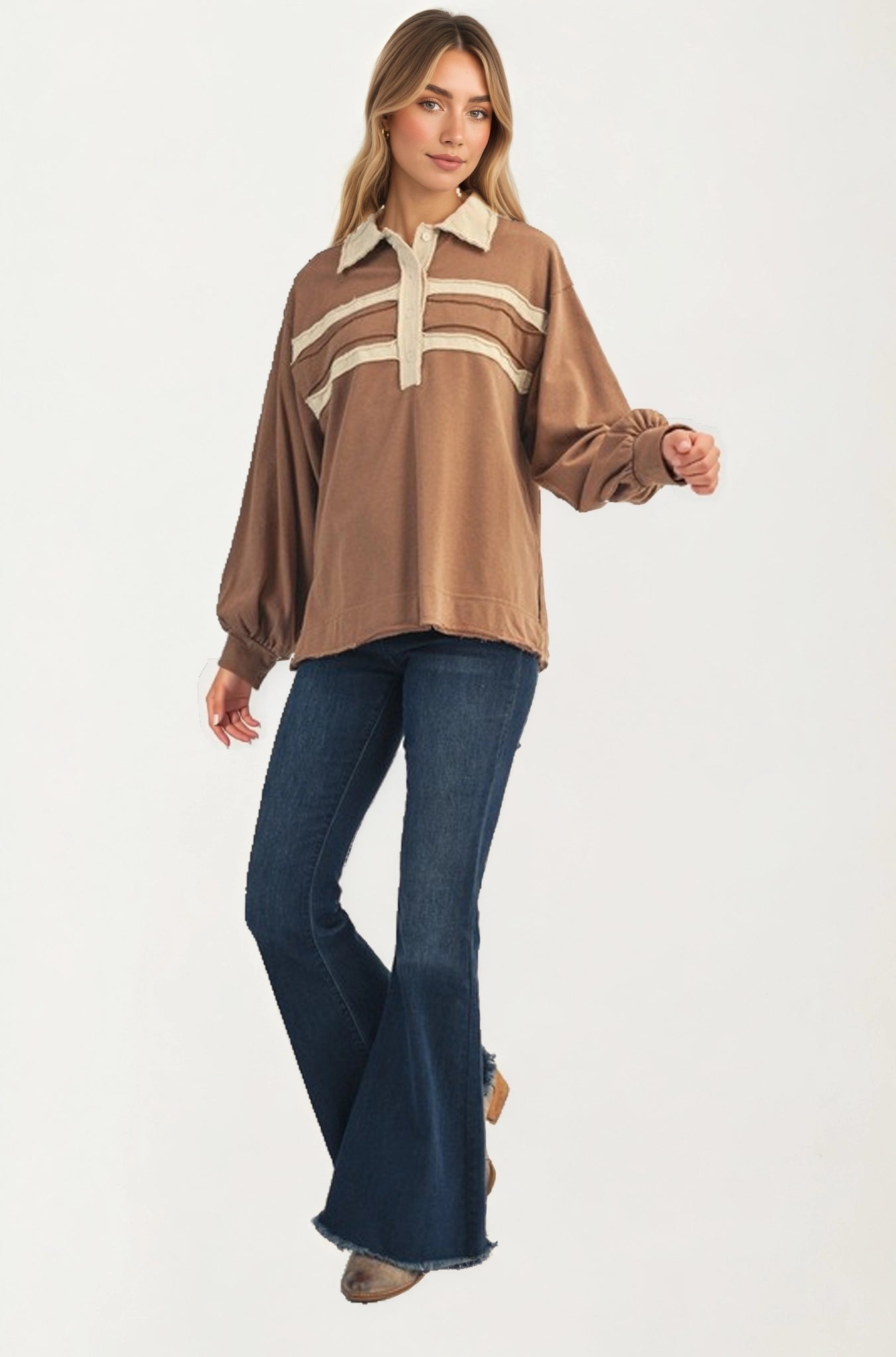 Contrast Trim Collared Pullover Top