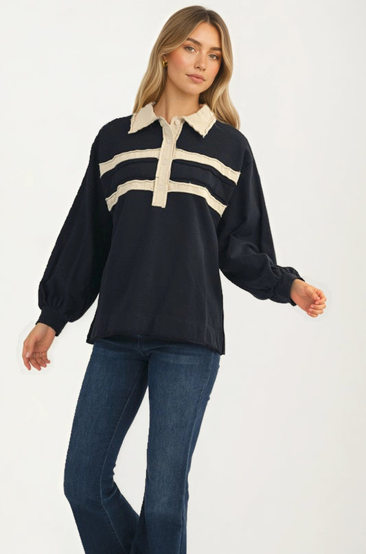 Contrast Trim Collared Pullover Top