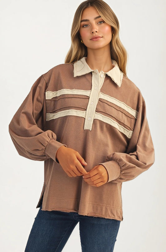 Contrast Trim Collared Pullover Top