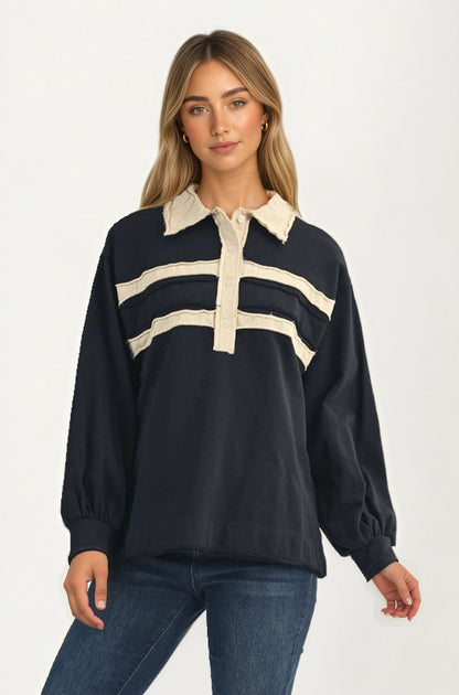 Contrast Trim Collared Pullover Top