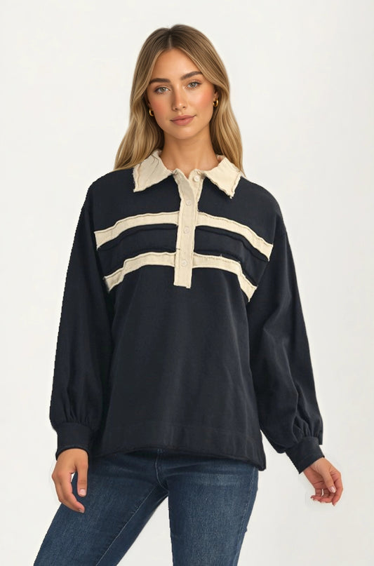 Contrast Trim Collared Pullover Top