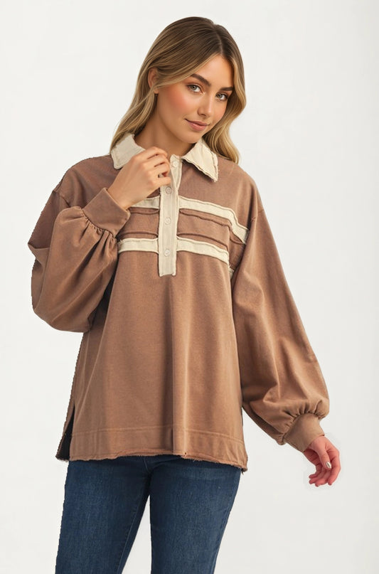 Contrast Trim Collared Pullover Top