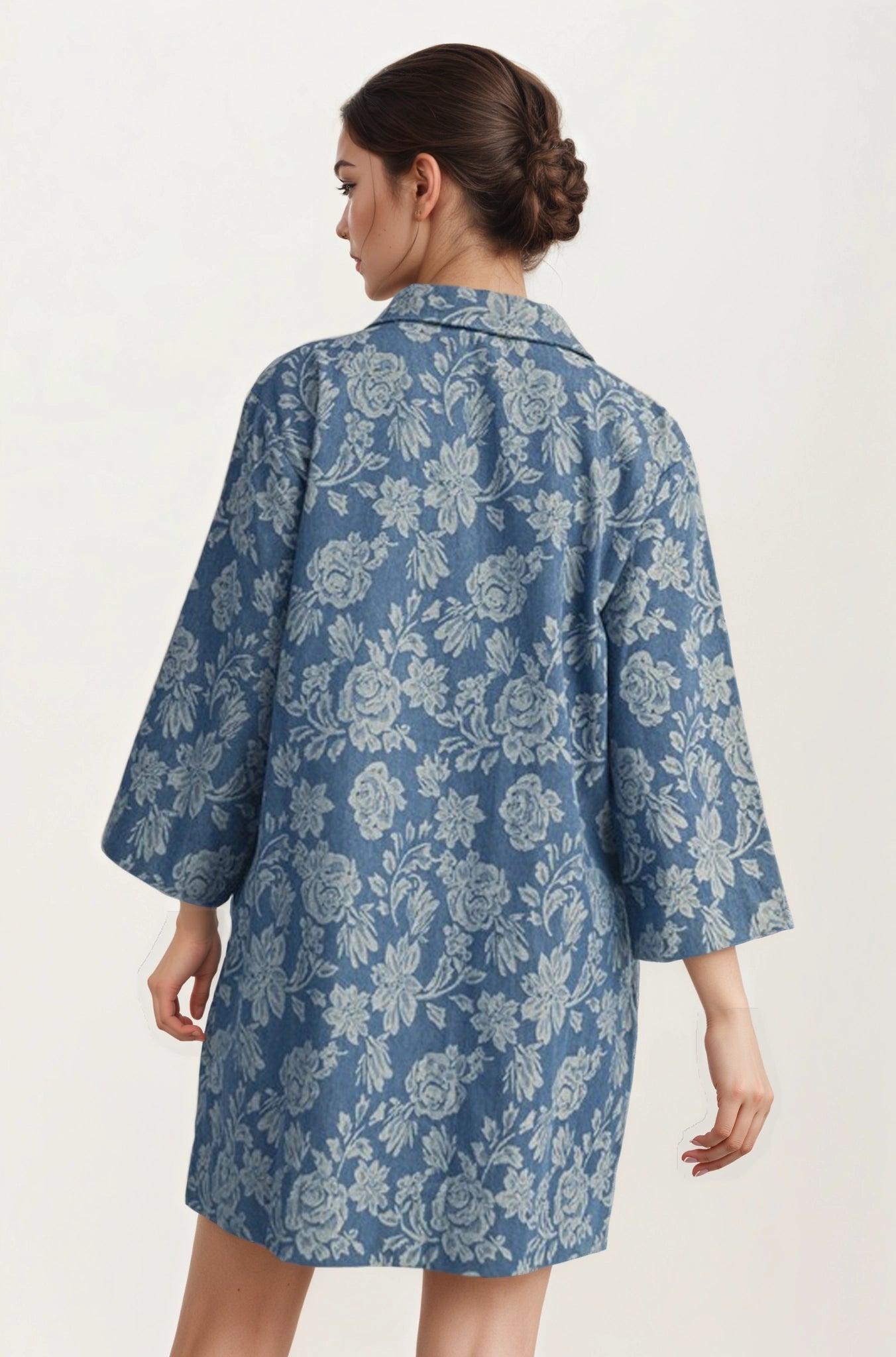 Floral Denim Shift Dress with Relaxed Collar and Sleeves