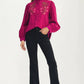 Button Front Blouse with Embroidered Floral Detail and Long Sleeves