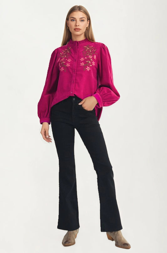 Button Front Blouse with Embroidered Floral Detail and Long Sleeves