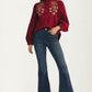 Button Front Blouse with Embroidered Floral Detail and Long Sleeves