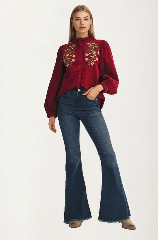 Button Front Blouse with Embroidered Floral Detail and Long Sleeves