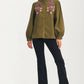 Button Front Blouse with Embroidered Floral Detail and Long Sleeves