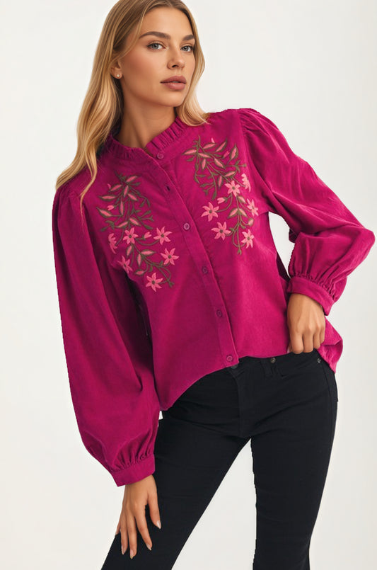 Button Front Blouse with Embroidered Floral Detail and Long Sleeves