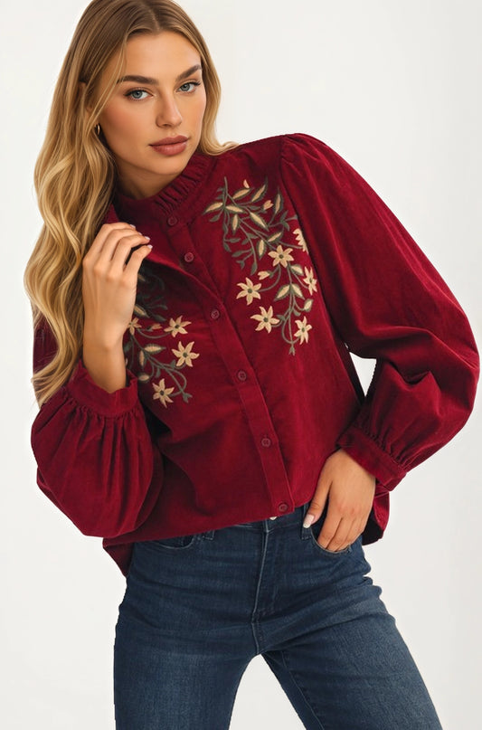 Button Front Blouse with Embroidered Floral Detail and Long Sleeves