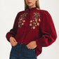 Button Front Blouse with Embroidered Floral Detail and Long Sleeves
