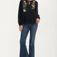 Embroidered Velvet Blouse with Tie Neck and Long Sleeves