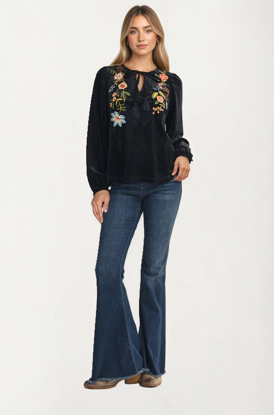Embroidered Velvet Blouse with Tie Neck and Long Sleeves