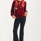 Embroidered Velvet Blouse with Tie Neck and Long Sleeves