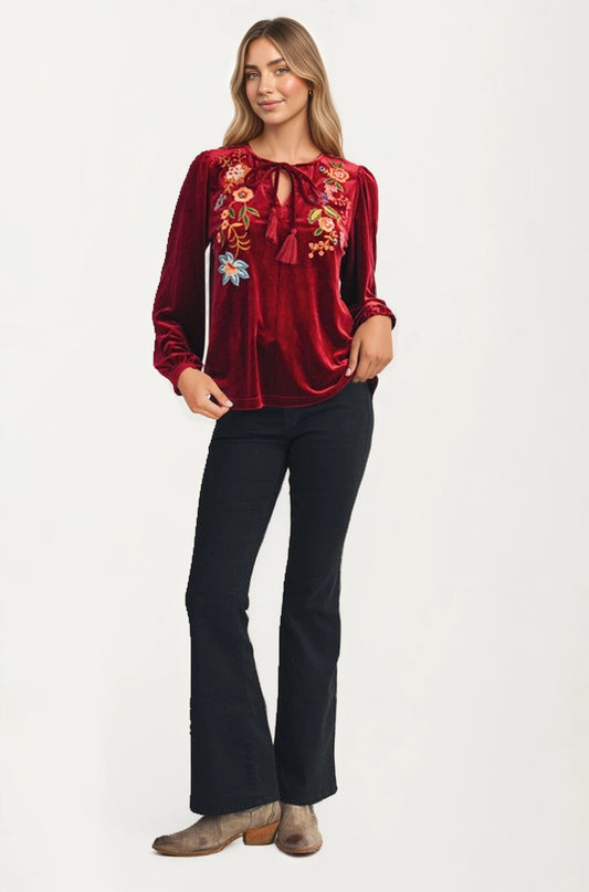 Embroidered Velvet Blouse with Tie Neck and Long Sleeves