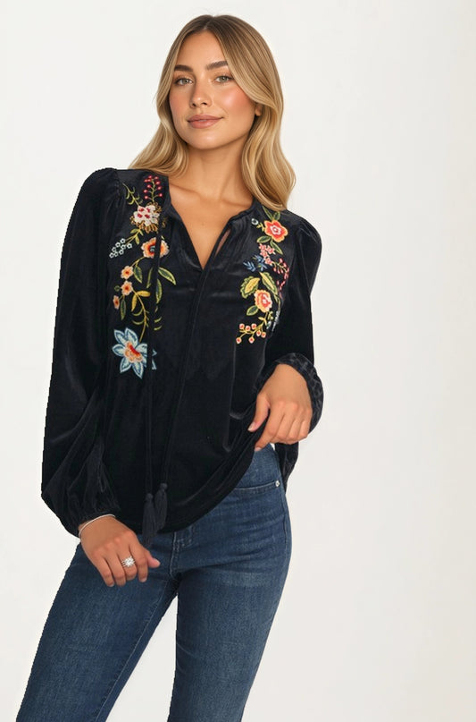 Embroidered Velvet Blouse with Tie Neck and Long Sleeves
