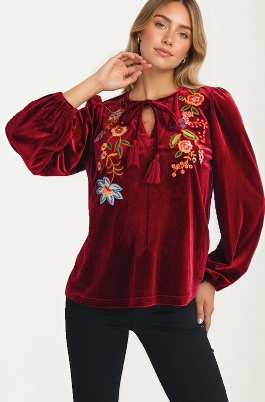 Embroidered Velvet Blouse with Tie Neck and Long Sleeves