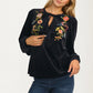 Embroidered Velvet Blouse with Tie Neck and Long Sleeves