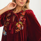 Embroidered Velvet Blouse with Tie Neck and Long Sleeves