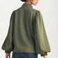 Olive Green Balloon Sleeve Blouse with Button Neckline