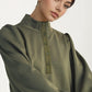 Olive Green Balloon Sleeve Blouse with Button Neckline