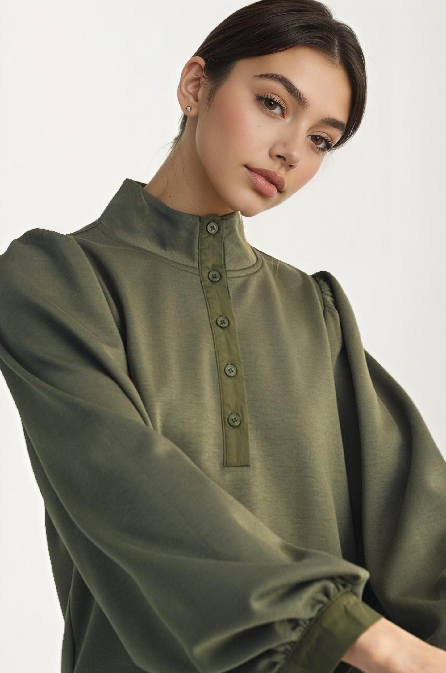 Olive Green Balloon Sleeve Blouse with Button Neckline