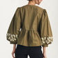 Olive Green Bow Front Blouse with Embroidered Balloon Sleeves