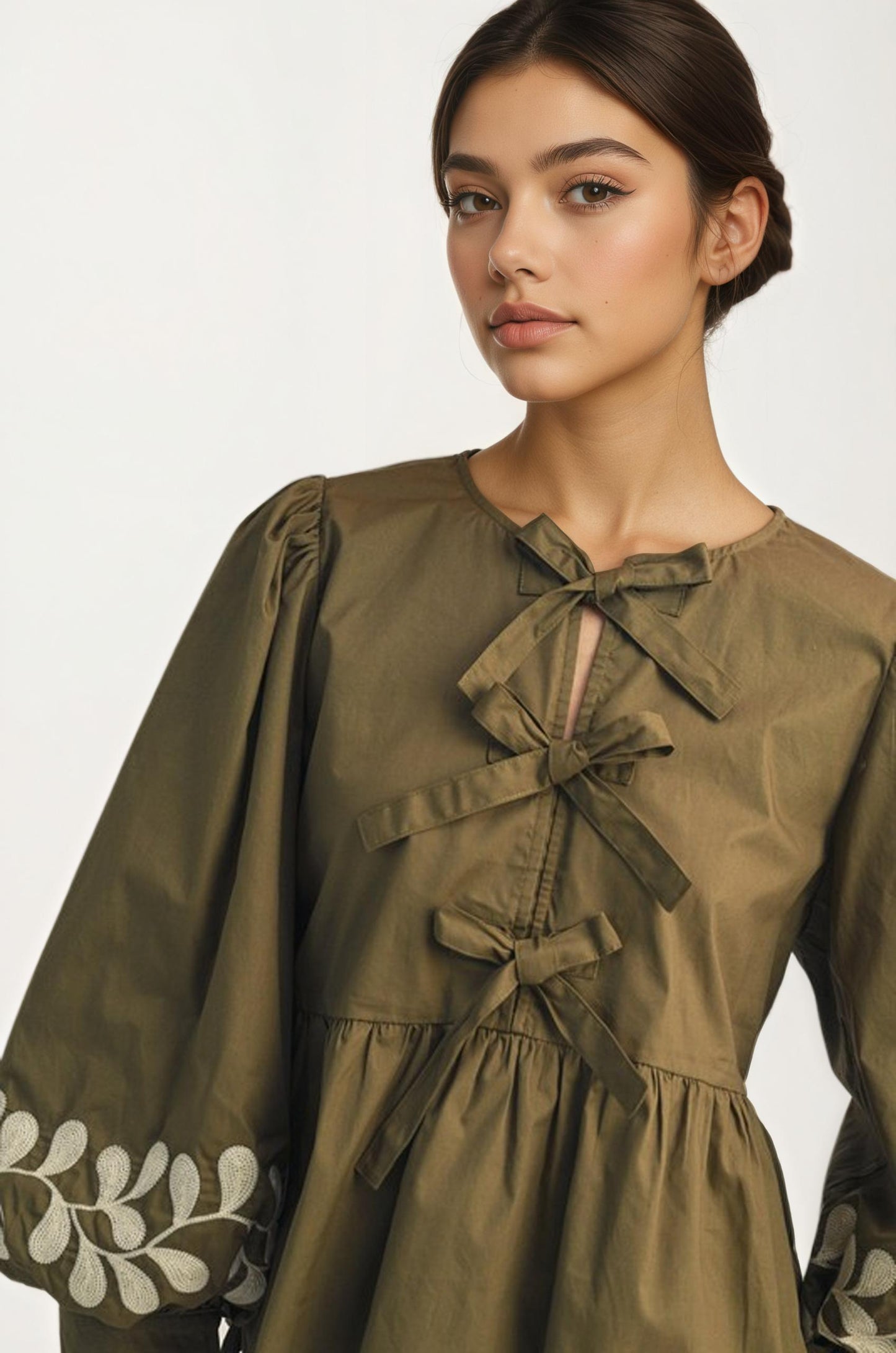 Olive Green Bow Front Blouse with Embroidered Balloon Sleeves