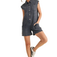 Sleeveless Dark Wash Denim Romper Pocket Detail with Snap Buttons