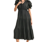 Black Tiered Tie Neck Midi Dress with Ruffle Sleeves