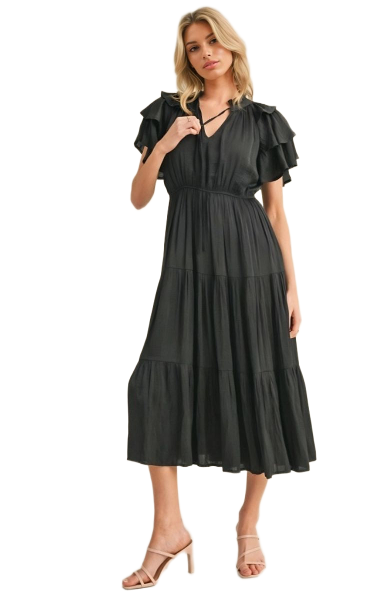 Black Tiered Tie Neck Midi Dress with Ruffle Sleeves