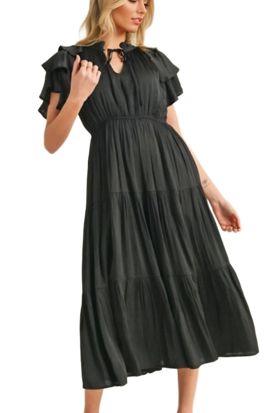 Black Tiered Tie Neck Midi Dress with Ruffle Sleeves