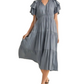 Blue Tiered Tie Neck Detail Midi Dress with Ruffle Sleeves