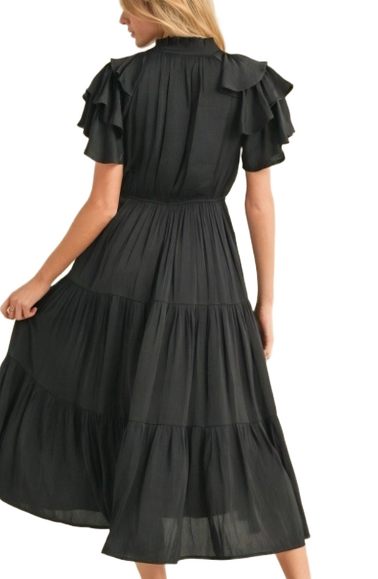 Black Tiered Tie Neck Midi Dress with Ruffle Sleeves