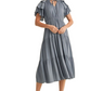 Blue Tiered Tie Neck Detail Midi Dress with Ruffle Sleeves