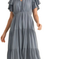 Blue Tiered Tie Neck Detail Midi Dress with Ruffle Sleeves