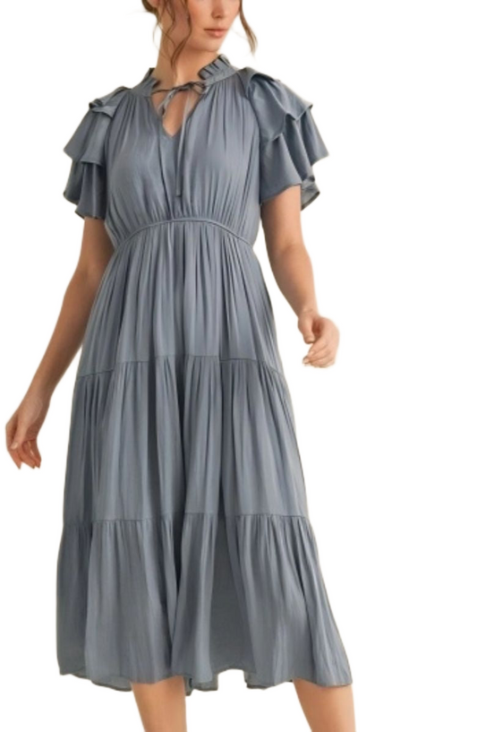 Blue Tiered Tie Neck Detail Midi Dress with Ruffle Sleeves