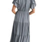 Blue Tiered Tie Neck Detail Midi Dress with Ruffle Sleeves
