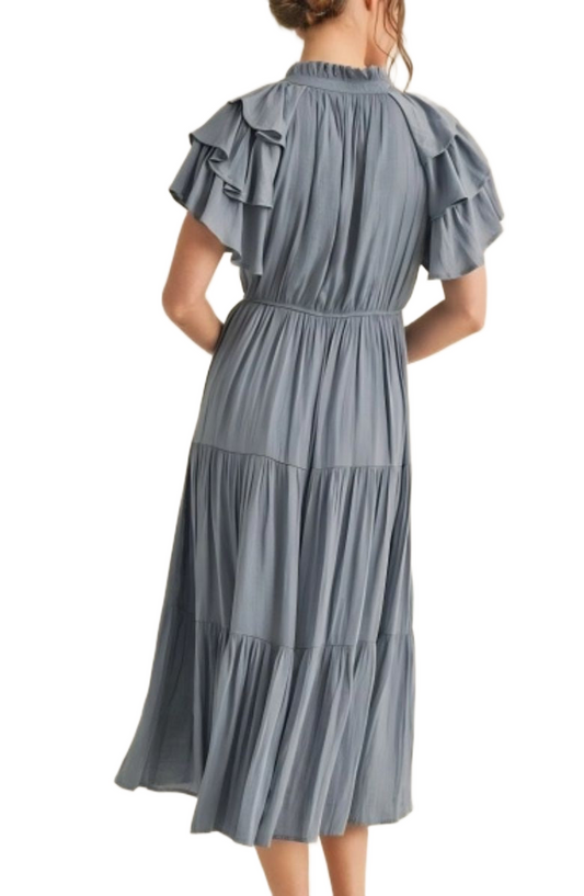 Blue Tiered Tie Neck Detail Midi Dress with Ruffle Sleeves